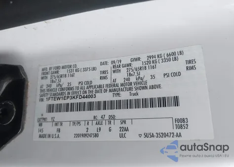 2019 Ford F150 Xlt из США, поврежденный, VIN 1FTEW1EP3KFD44003